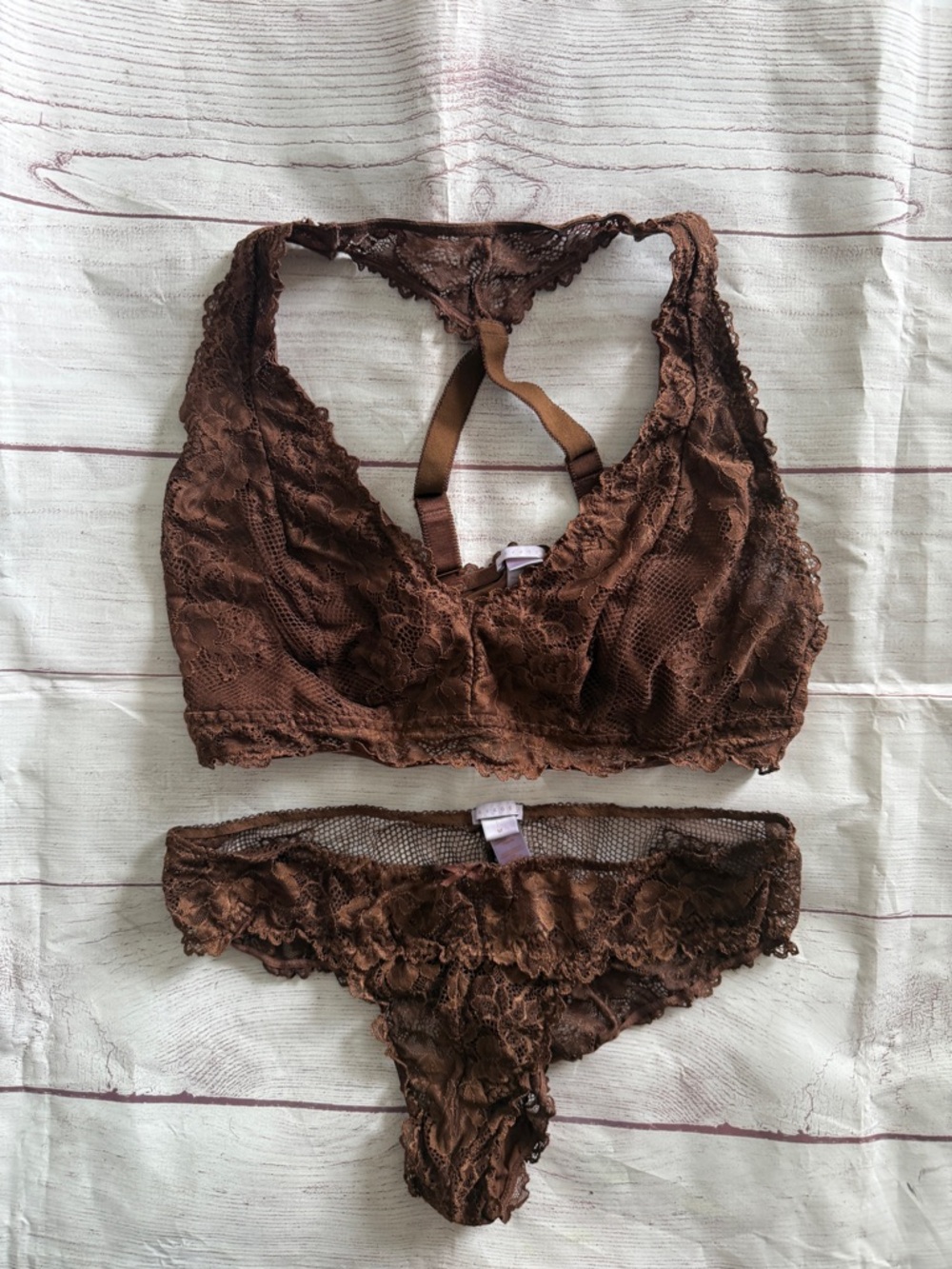 Savage X Fenty Chocolate Brown Lace (Size 1XL) Bralette & (Size M) Brief Set